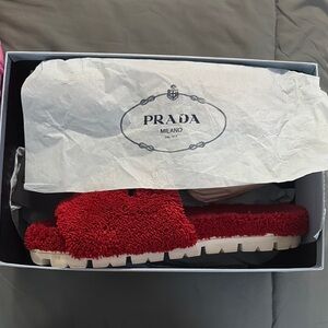 Prada Red Fuzzy Slide Sandals